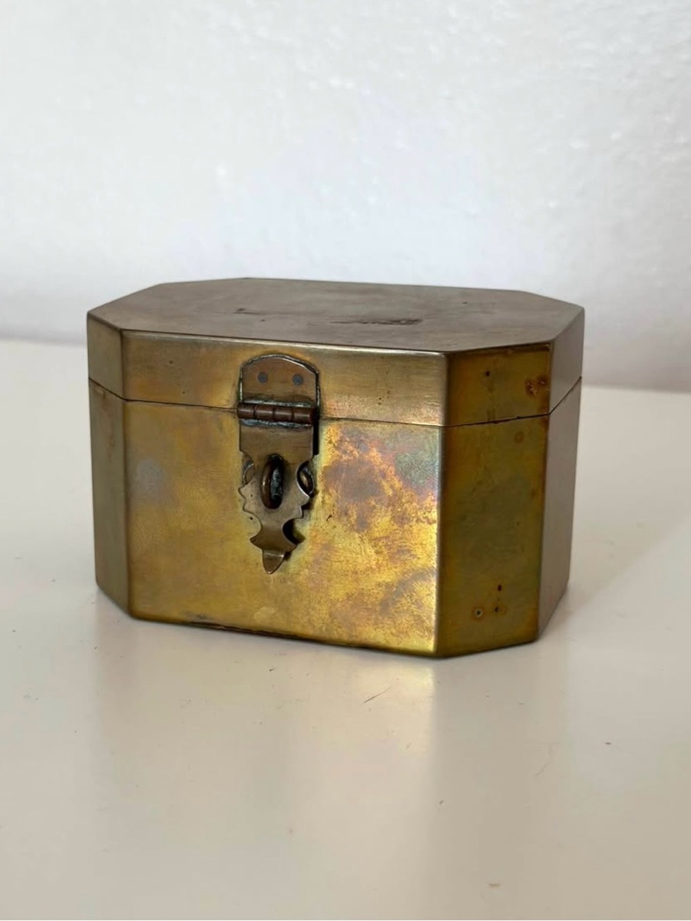 Vintage Small Octagonal Brass Trinket Box Patina Jewelry Storage Chest Latch